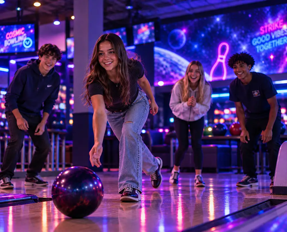 teens participating in cosmic bowling at Bowl 32 in Noblesville IN